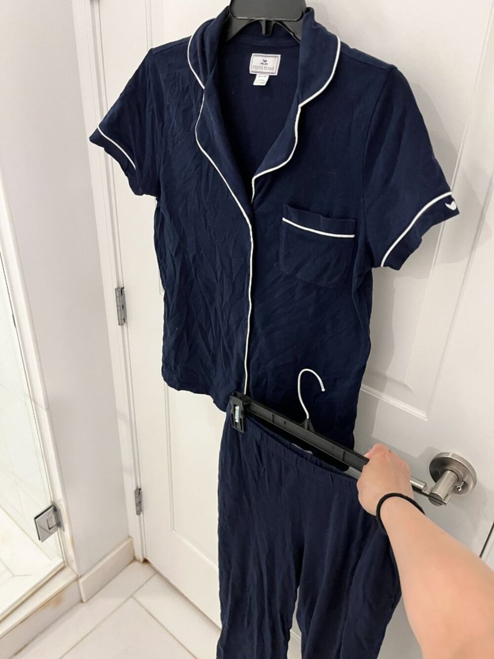 Petite Plume Navy Piped Pima Cotton Cropped Pajama Set SMALL S - Picture 3 of 9